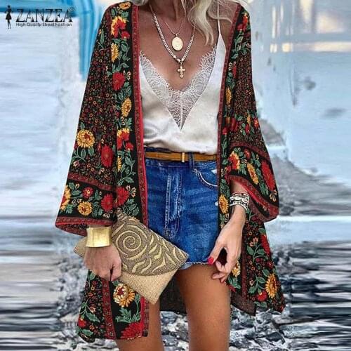 ZANZEA Summer Women Floral Printed Long Sleeve Blouse Kimono Vintage Open Front Holiday Shirt Tunic Tops Bohemian Beach Cardigan