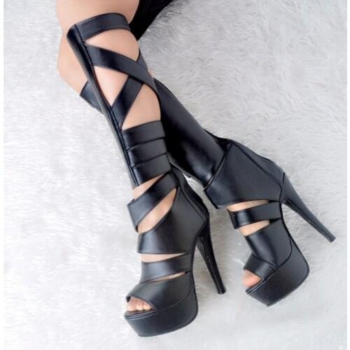 Sexy Hollow Out Knee High Boots For Women High Heels Open Toe Cuissarde Bottes Hautes Plus Size 34-45 Cuissardes Talons Haut