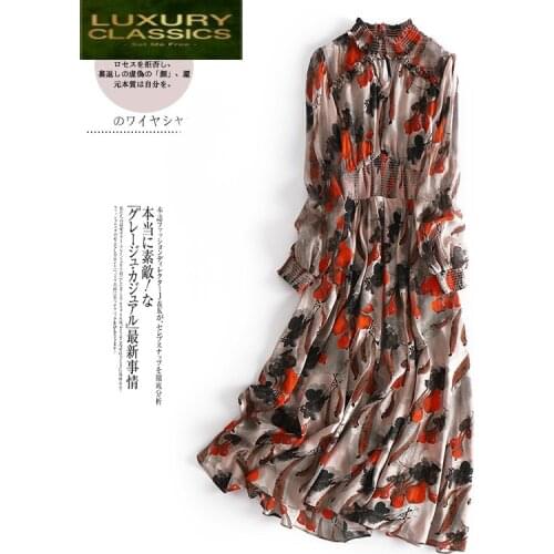 Long 100% Real Silk Dress Women Floral Summer Dress Elegant Party Dresses Beach Ladies Office Wear Dresses Vestidos 3475