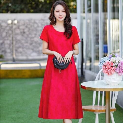 New Women Elegant Floral Print Red Cotton Dress 5XL Middle-aged Ladies Short Sleeve Mother Loose Dress Female Vestidos Clothes
