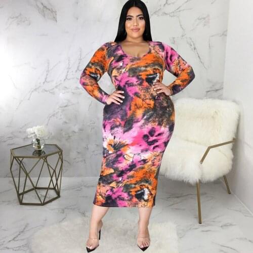 XL-5XL Plus Size Tie Dye Leopard Print Pencil Dress Women Deep V Neck Long Sleeve Skinny Dress Fall Body-shaping Split Dresses