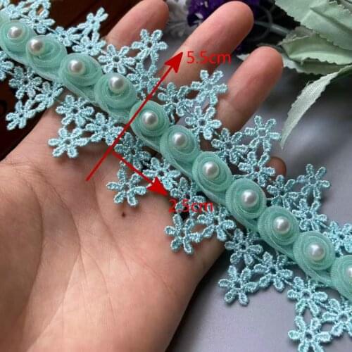 1 Yard Green Pearl Tassel 3D Soluble Flowers Lace Trim 5.5cm Wedding Embroidered DIY Handmade Patch Ribbon Sewing Supplies Craft