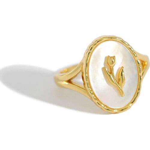 18K Gold Authentic S925 Sterling Silver FINE Jewelry Oval Shell Pearl tulip flower ring adjust TLJ1295