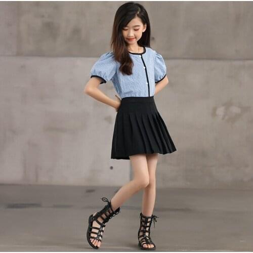 2021 Summer Girls Set Children Clothes Plaid Tops Shirts and Pleated Skirts 2 Pcs Suit 4-14Y Boutique Kids Clothing Sets