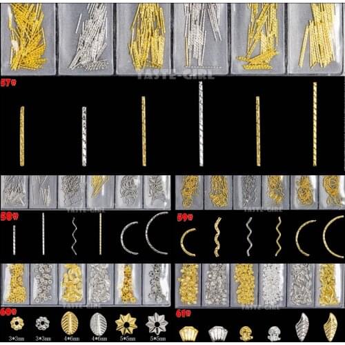 6Grids/Pack 3D Gold Silver Metal Mixed Twisted Bent Bar Stripes Leaf Nail Art Alloy Decorations Manicure Charms Gems