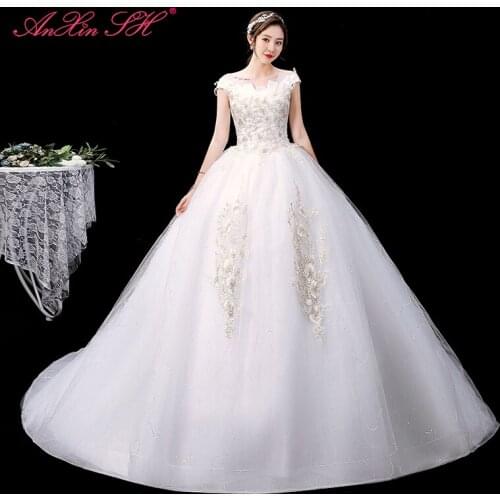 AXJFU princess rose flower lace white wedding dress party vintage boat neck ruffles beading bride white sparkly wedding dress