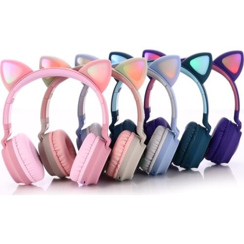Bluetooth Wireless Cat Ears Headphone With Mic, Kid Cute Girl Stereo Music Helmet, Foldable LED Headset