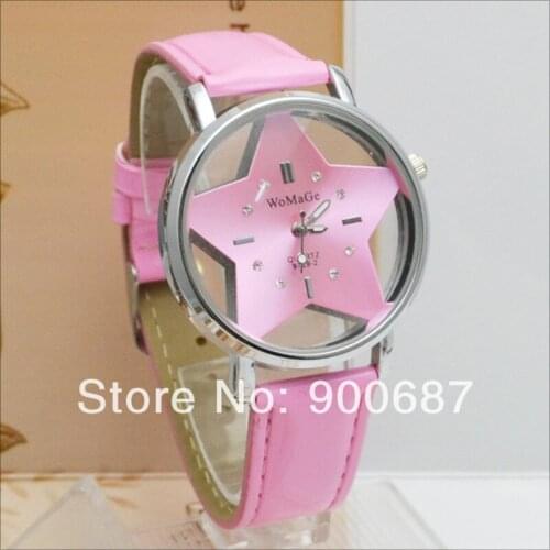 Relojes Mujer Womage Fashion Brand Women Watches Hollow Dial Leather Belt Quartz Star Watch Fashion Women Dress Watches