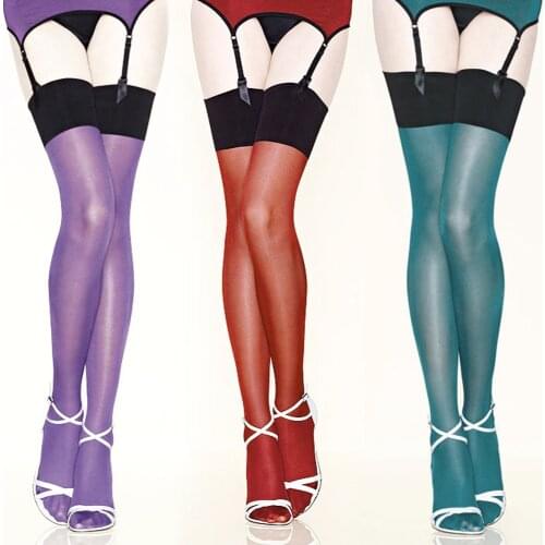 Hot Sexy 30D Women Contrast Color Shine Thigh High Stockings Multicolour Stockings Hose Oil Flashing High Socks Pantyhose