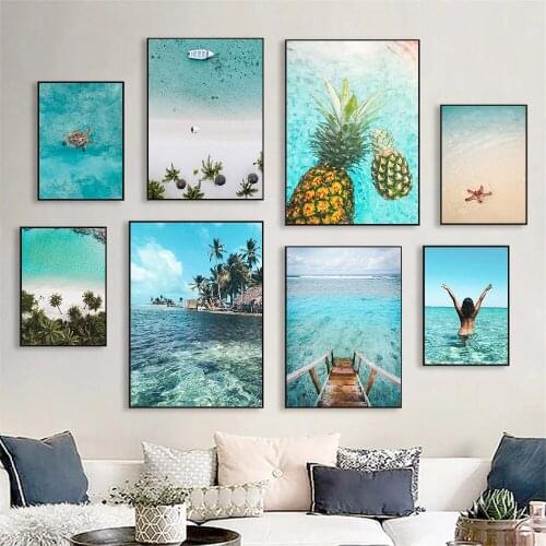 Sea Beach Canvas Painting Seaside Coconut Tree Poster Ocean Pineapple Wall Art Print Landscape Nordic Wall Pictures Home Decor