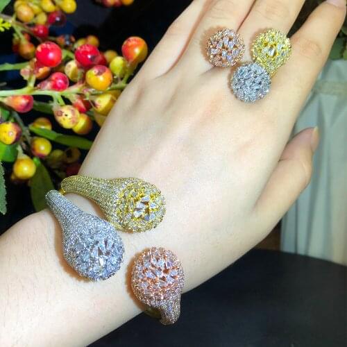 KellyBola Luxury Trendy Round Bangle Ring Set For Women Full Micro Cubic Zircon Pave Party Wedding Saudi Arabic Dubai Jewelry