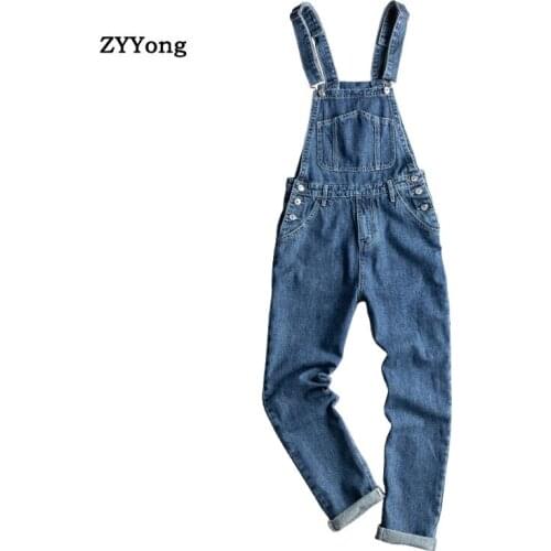 2020 Retro Blue Freight Overalls Men Denim Jumpsuit Bib Straight Jeans Hip Hop Streetwear Rompers Casual Cargo Pants Trousers