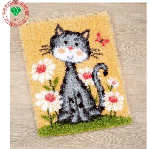 Hook Rug Kit DIY Unfinished Crocheting Yarn Mat Latch Hook Rug Kit Floor Mat Diy Embroidery Carpet Set Cartoon Cat Pictures
