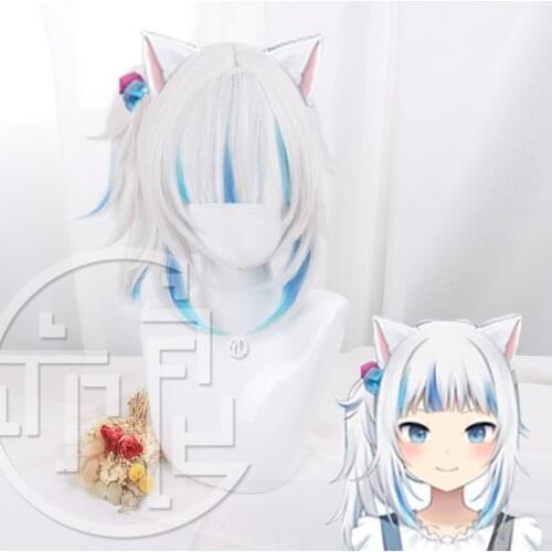 New Hololive EN Gawr Gura Wig VTuber Girls Cosplay Gray Mixed Blue Short Straight Wavy Synthetic Hair Role Play