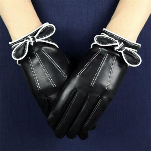 Genuine Leather Gloves Female Cute Butterfly Knot Winter Warm Velvet Lined Thicken Sheepskin Woman Gloves Black Wine Red DQ101