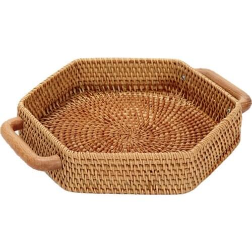 Hand-Woven Tray Storage Basket Snacks Solid Wood Rattan Round Kitchen Tool Platter With Handle Home Desk Organizer Trays