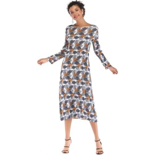 Popular womens Fashion Print Long Sleeve Chiffon Dress in spring and Autumn
