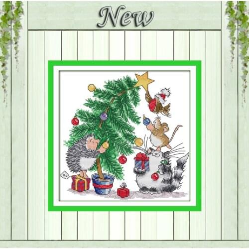 Christmas gift cat mouse Hedgehog bird painting counted print on canvas Cross stitch DMC 14CT 11CT Needlework Set Embroider kits