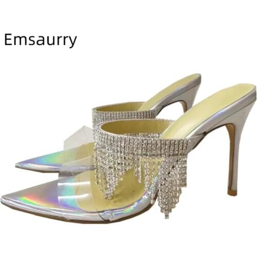 Silver Patent Leather Shoes Woman 10cm Thin Heel Pointed Toe Transparent PVC One-strap Jeweled Fringe Tassels Sandals Women