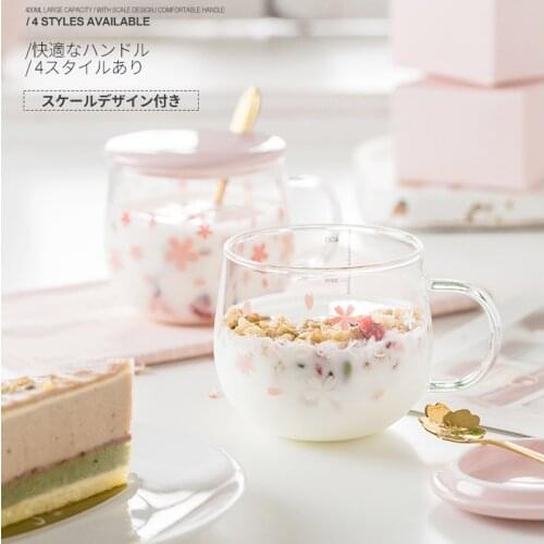 400mL Japan Style Sakura Glass Cup Pink Kawaii Coffee Water Mug With Spoon For Breakfast Transparent Glass Drinkware