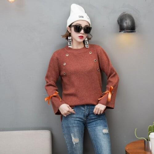 Pullover Sweater 2021 Round Neck Solid Color Lace Up New Autumn Winter Knit Female Loose Sweaters Vestidos LXJ1055