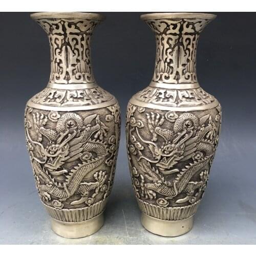 Antique QingDynasty silver vase,drgaon bottle,a pair, Hand carved crafts,Decoration,collection &Adornment,Free shipping
