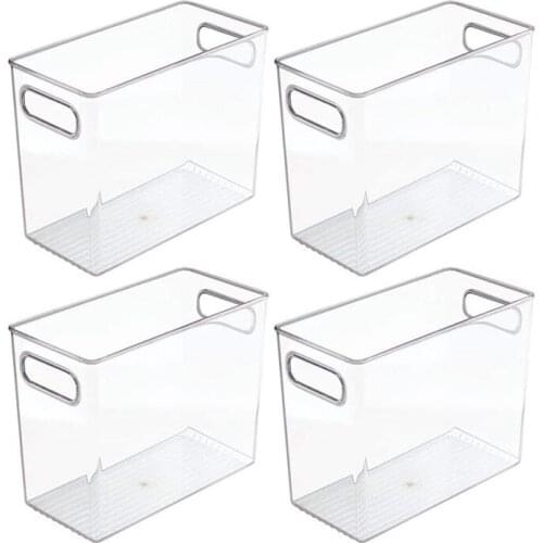 BMBY-4 Pack Tall Plastic Kitchen Pantry Cabinet, Refrigerator or Freezer Food Storage Bin with Handles - Organizer for Fruit