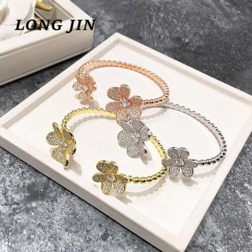 Fashion Women Bracelet Luxury Full Zircon Bangle Gold Trefoil Double Flower Opening Adjustable Jewelry Birthday Gift Crystal