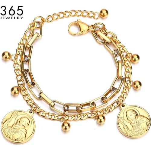 High Quality Gold Color Stainless Steel Jesus Pendant Bracelet Multilayer Link Chain Charm Bracelet For Christian
