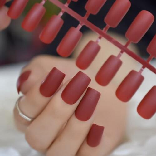 Pure Artificial Nail Kit Red Wine Matte Flat Top Fake Nail Art Tips Medium Size Frosted DIY Manicure Tips 24 count