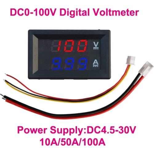 DC 0-100V Digital Voltmeter Ammeter 10A 50A 100A Voltage Current Meter Detector Tester 0.28" Dual LED Display