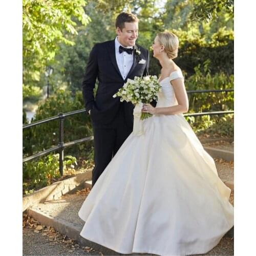 Long V-Neck Wedding Dresses with Pockets Elegant Zipper Back Satin Robes De Mariée Bridal Gown For Women