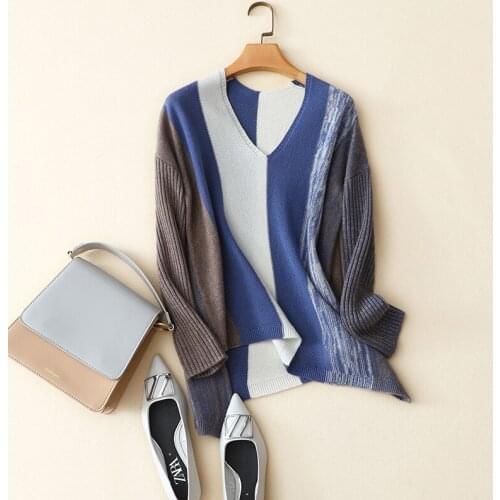 Cashmere merino wool contrast v neck casual pullovers