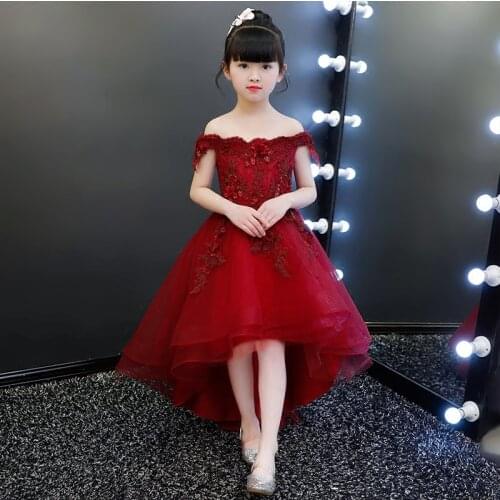 KICCOLY 2018 New Elegant Girl Red Lace Dress Shoulderless First Communion Dress Baby Girl Formal Wedding Dress Flower Girl Gown