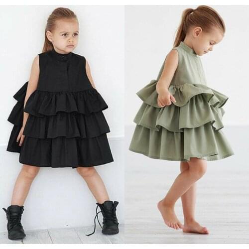 Summer Cute Black Green Ball Gown Girls Dresses Kid Girl Party Dress Sleeveless O Neck Cake Ruffled Tutu Bubble Dress