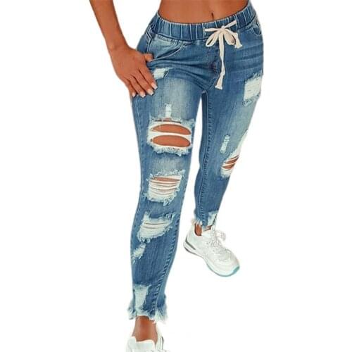 Fashion Women Denim Elastic Drawstring Holes Long Jeans Trouser Dating Streetwear Female Slim Casual Jogging Pants High Quality