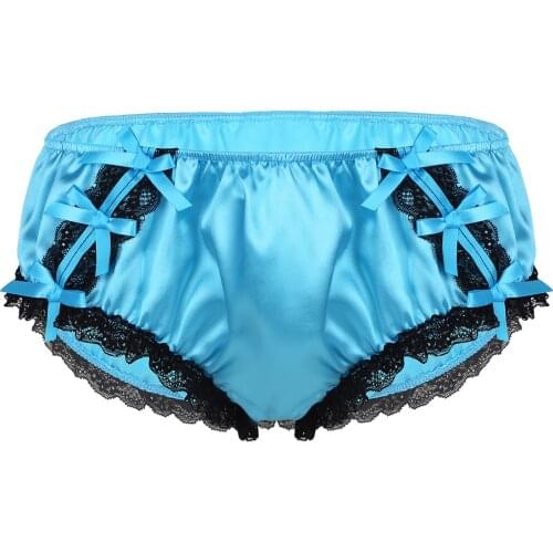 Mens Erotic Lingerie Shiny Ruffled Floral Lace Bowknot Satin Sissy Briefs Low Rise Elastic Waistband Stretchy Bikini Underwear