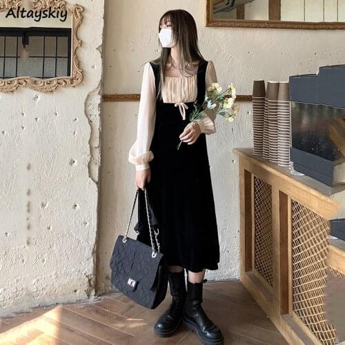Long Sleeve Dress Women Empire Fake Two Piece Bow Elegant Spring Autumn Female Vestidos Square Collar Stylish Leisure Students