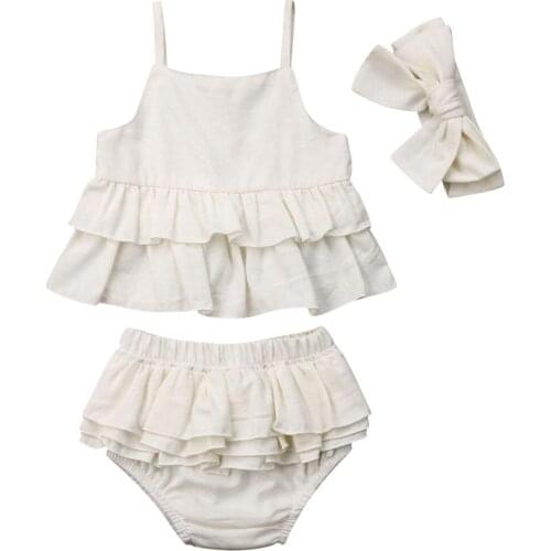 1-4Years Toddler Kid Baby Girl Solid Color Headband Ruffle Tops Shorts 3Pcs Outfit Summer