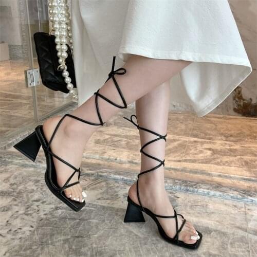 Roman Shoes Gladiator Sandal Cross Strap Sandals Women Casual Shoe Female Square Toe Sandals Summer Thick Heels Med Shoe Ladies