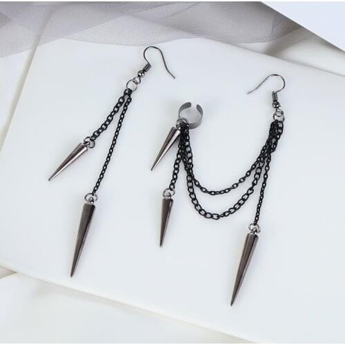 1 Pair Retro Black Tassel Chain Long Earrings Punk Ear Clip Gothic Rivet Ear Stud For Men Women Party Jewelry Pendientes Gifts