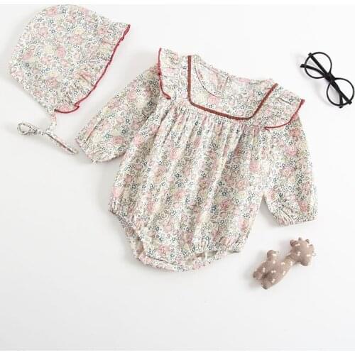 Spring toddler rompers newborn baby girls rompers Long sleeve flower print jumpsuit with hat