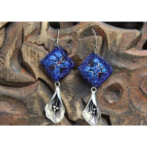 Folk style jewelry handmade embroidery embroidered Heart Earrings Vintage Old Miao Silver Drop Earrings color random