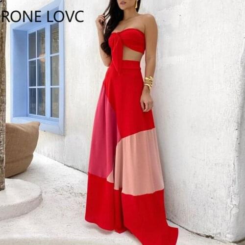 Women Plain Knotted Bandeau Top & Colorblock Maxi Skirt Set Women Summer Outfits 2021