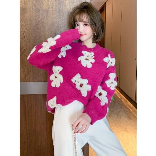 Bear flocking jacquard inlaid diamond loose versatile sweater womens winter new High Quality New Fashion