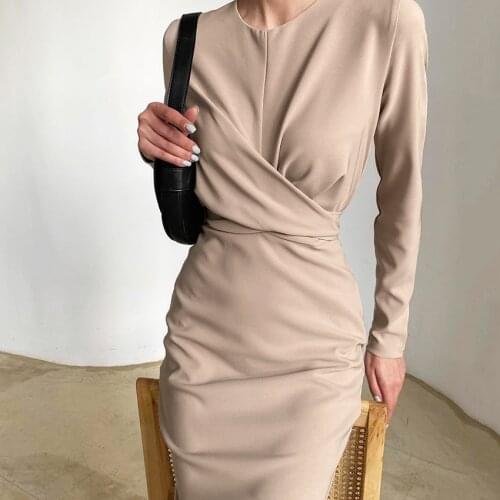 2021 wrinkle cross waist dress female Sexy solid round neck long sleeves dress Elegant spring long dress woman