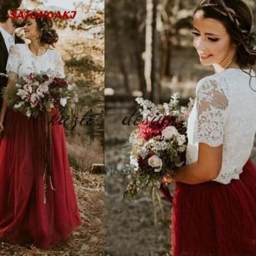 2020 Burgundy Tulle Country Boho Wedding Dress A Line Short Sleeves Lace Two Pieces Bridal Gowns Vestido De Novia Online Shop
