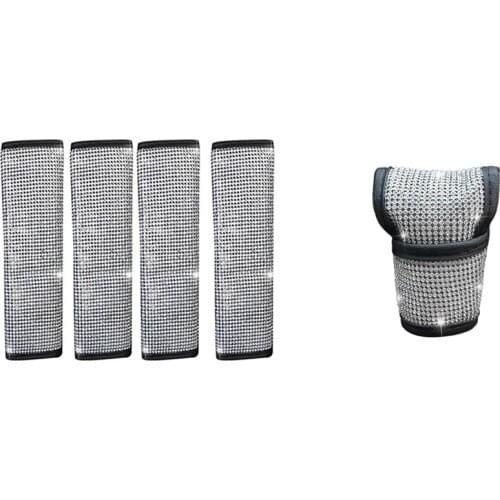 4 Packs Seat Belt Shoulder Pads, Luster Crystal Car Seat Belt Covers & 1x Auto Shift Gear Cover, Luster Crystal