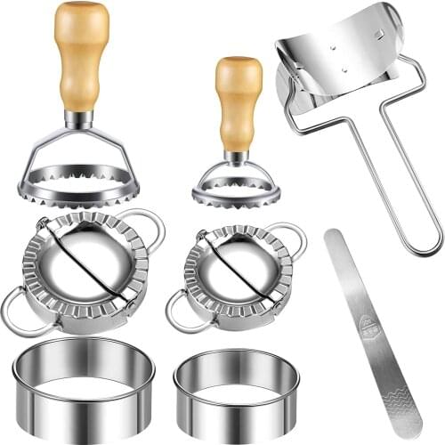 8 Pieces Stainless Steel Dumplings Maker Set, Wooden Handle Dumpling Cutter Tools Dumpling Press Molds Dumpling Skin Maker