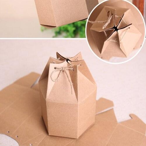 9x11cm 5pcs Small Kraft packaging Hexagonal paper gift box vintage kraft gift cardboard box cookie box tea packing box with rope
